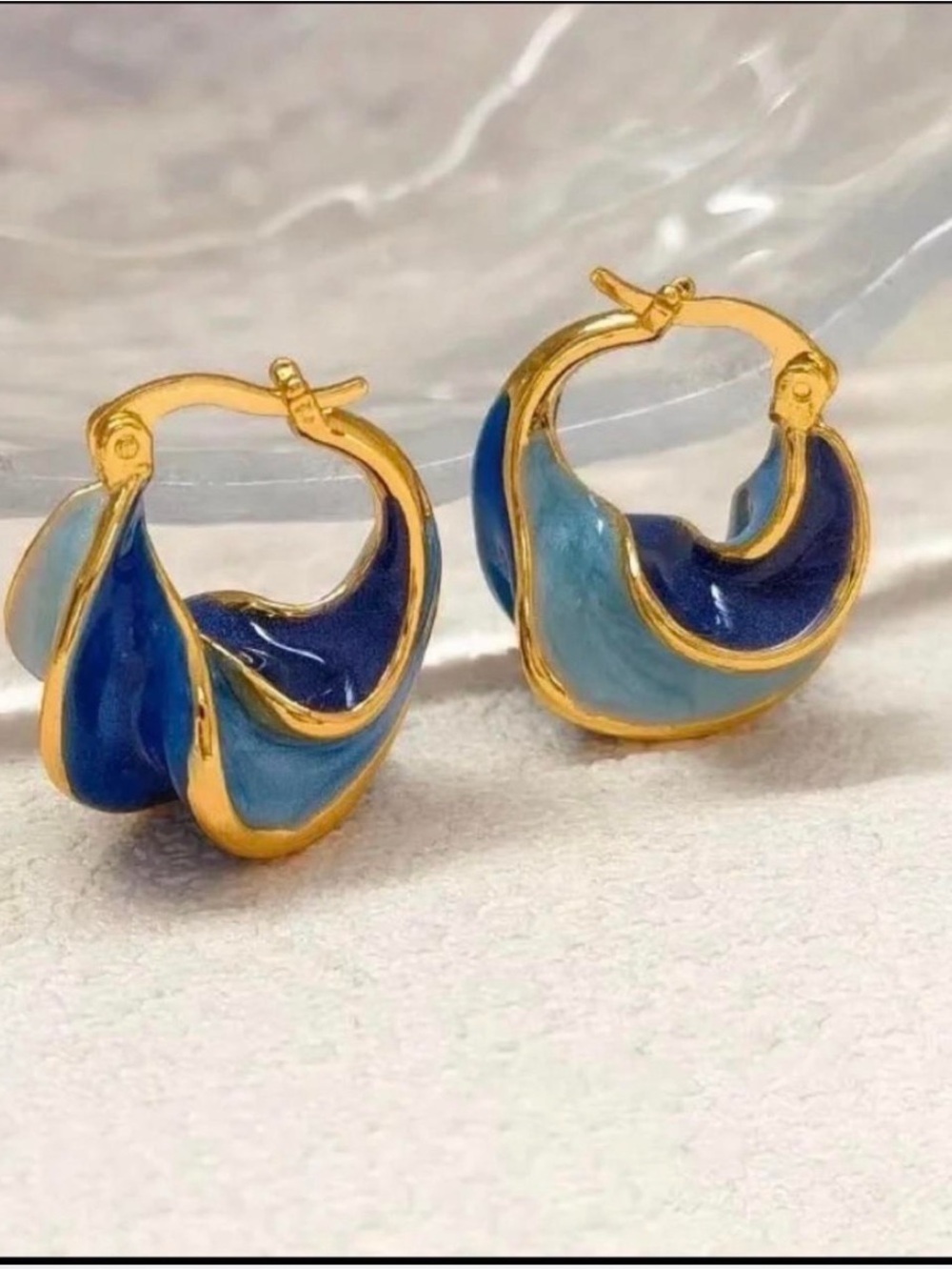Gold Hoop Earrings with Blue and Teal Enamel Inlay - Picture 3 of 4